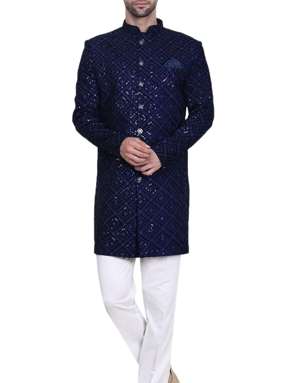 Men's Royal Blue Embellished Sherwani Jacket + Salwar Pants